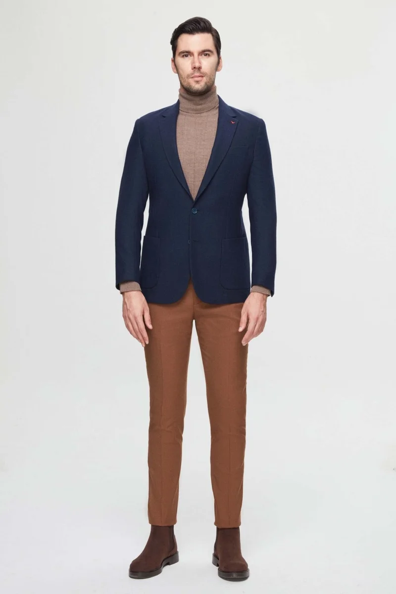 D'S DAMAT Ds Damat Regular Fit Navy Blue Double Slit Wool Blazer Fabric Jacket