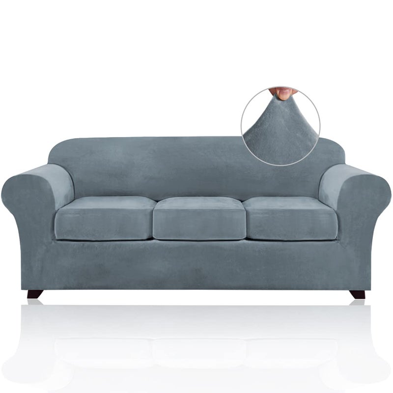 PrinceDeco PrinceDeco Velvet Couch Covers for Sofa Soft 4 Pieces Couch Covers for 3 Cushion Couch Sofa Pet Friendly Furniture Protector with Non Slip Elastic Bottom Width Up to 90 InchLarge Stone Blue 