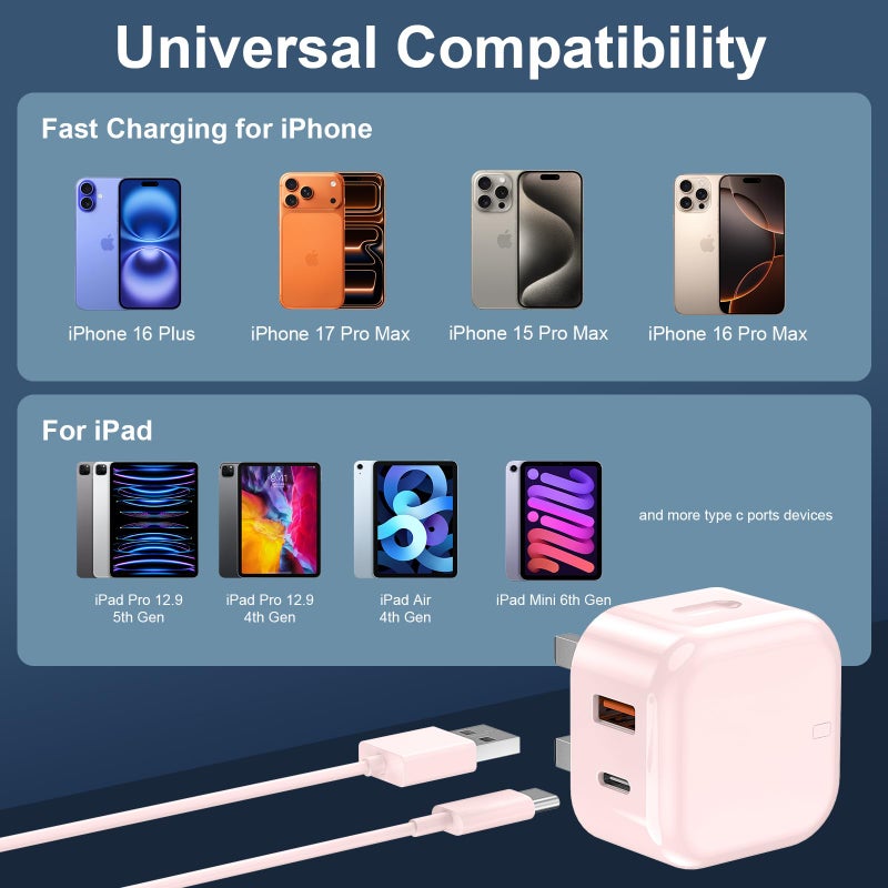 DiHines USB C Charger for iPhone 17 16 15 Charger 20W Fast Charger USB C Plug and Cable, 2 Pack Type C UK Wall Phone Power Adapter USBC Lead for iPhone 17/16/15/Pro/Max/Air/Plus/iPad/Samsung S25 Ultra/S24/S23 - Image 5