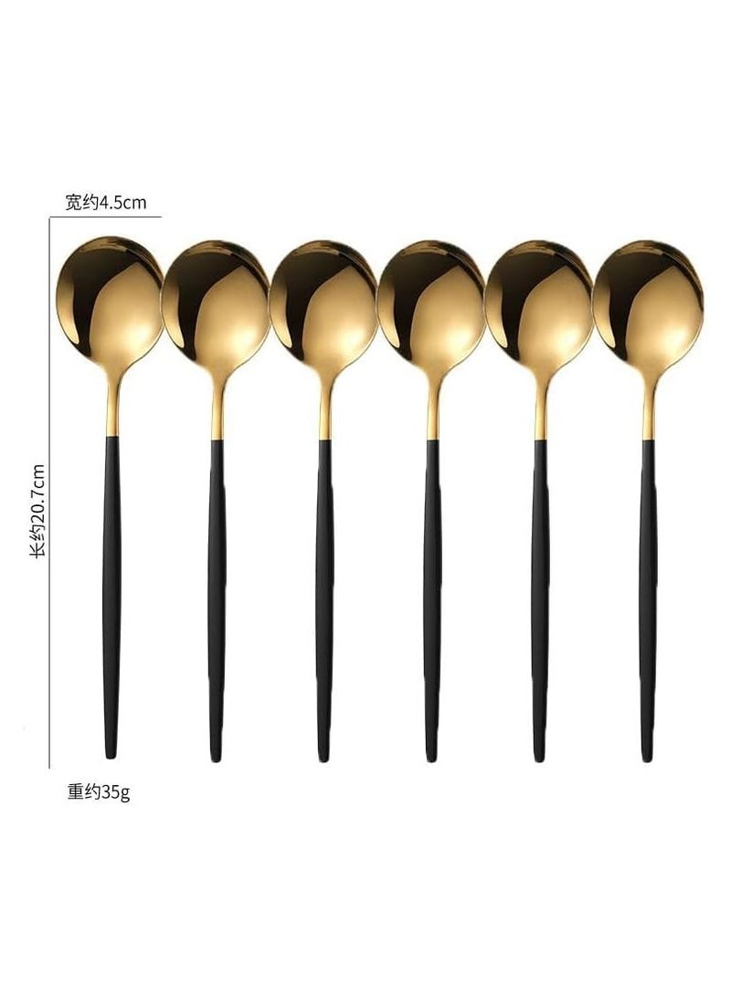 CATANES 6Piece Royal Spoons Black Gold Flatware Matte Black Handle 18/10 Stainless Steel Dinner Spoon Camping Cutlery Silverware Travel Utensils Set Tableware