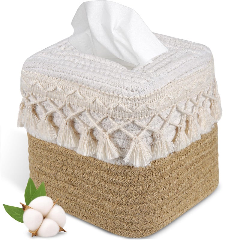 Kortimu Natural Boho Tissue Box Cover: Handwoven Square Holder with Tassel for Bathroom, Table & Kitchen â€“ Open-Bottom Design Decorative Cover for Home, Office & Farmhouse Decor - Image 1