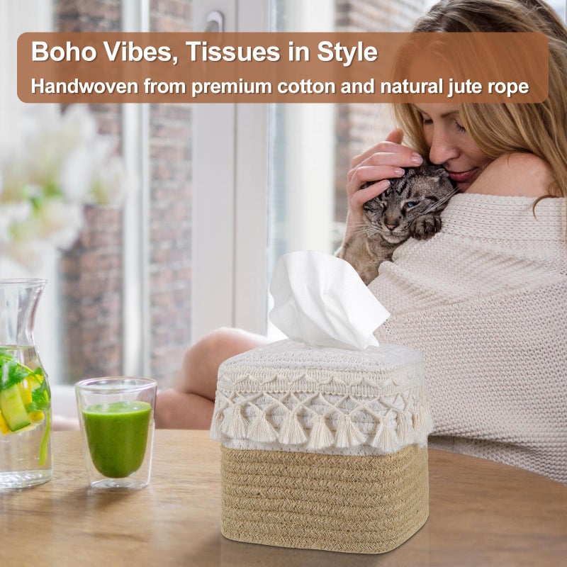 Kortimu Natural Boho Tissue Box Cover: Handwoven Square Holder with Tassel for Bathroom, Table & Kitchen â€“ Open-Bottom Design Decorative Cover for Home, Office & Farmhouse Decor - Image 4