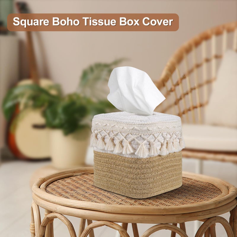 Kortimu Natural Boho Tissue Box Cover: Handwoven Square Holder with Tassel for Bathroom, Table & Kitchen â€“ Open-Bottom Design Decorative Cover for Home, Office & Farmhouse Decor - Image 2