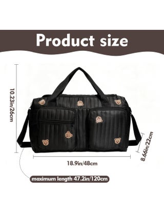 Quilted Bear Embroidery Diaper Bag Tote, Large Capacity Multi-Pocket Stroller Storage Bag with Adjustable Shoulder Strap, Lightweight Mommy Bag for Travel, Hospital & Daily Use, 48×22×26 cm (Black) - view 2