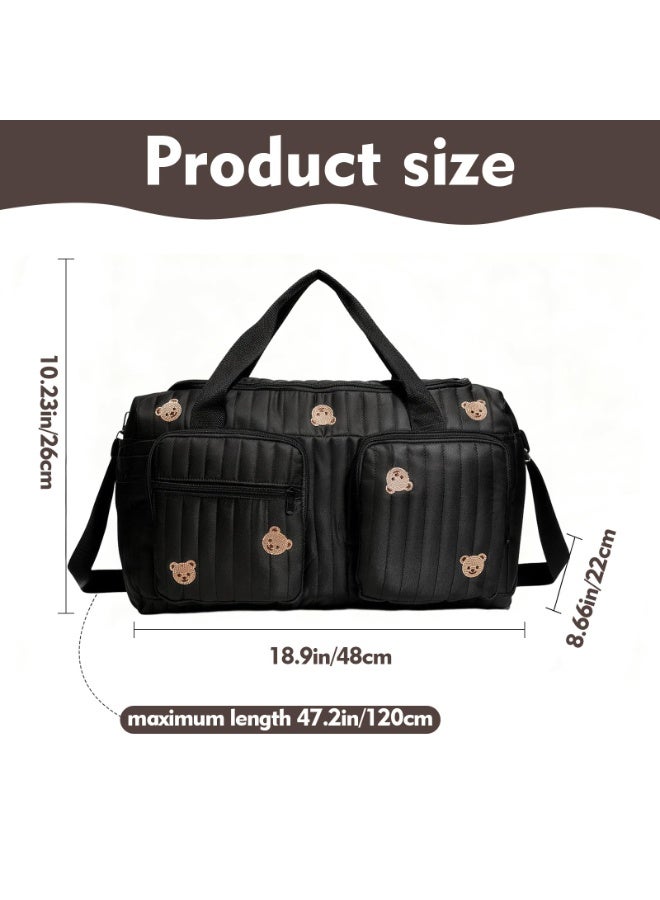 Mr. Penda Quilted Bear Embroidery Diaper Bag Tote, Large Capacity Multi-Pocket Stroller Storage Bag with Adjustable Shoulder Strap, Lightweight Mommy Bag for Travel, Hospital & Daily Use, 48×22×26 cm (Black) - Image 2