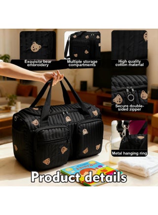 Quilted Bear Embroidery Diaper Bag Tote, Large Capacity Multi-Pocket Stroller Storage Bag with Adjustable Shoulder Strap, Lightweight Mommy Bag for Travel, Hospital & Daily Use, 48×22×26 cm (Black) - view 3