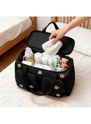 Quilted Bear Embroidery Diaper Bag Tote, Large Capacity Multi-Pocket Stroller Storage Bag with Adjustable Shoulder Strap, Lightweight Mommy Bag for Travel, Hospital & Daily Use, 48×22×26 cm (Black) - view 5