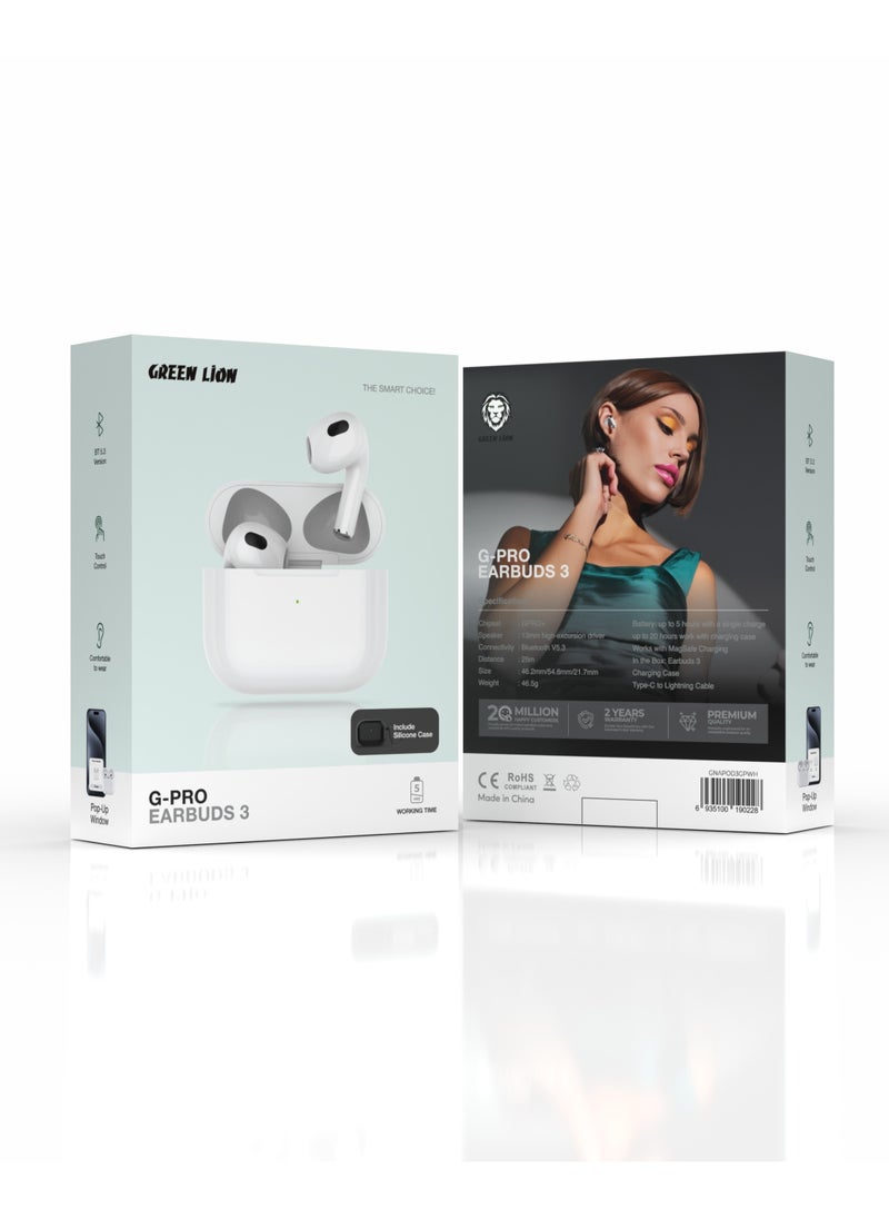 GREEN LION - Earbuds 3 G-Pro with Wireless Charging / Touch Control / Wireless Headphone / True Wireless Earbuds / Comfortable to Ear / Truewireless Earbuds with 5 hours Working Time - White - Image 1