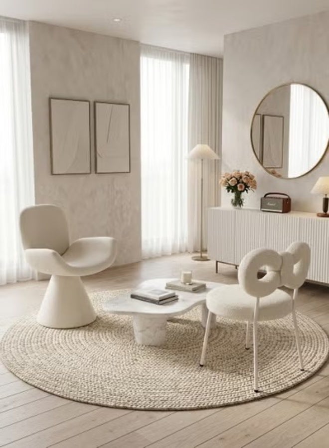 C&C Home Modern Avant-Garde Sculptural Vanity Chair Set - Matte Off-White Geometric Pedestal Armchair and Plush Bouclé Bow-Tie Accent Stool - Image 3