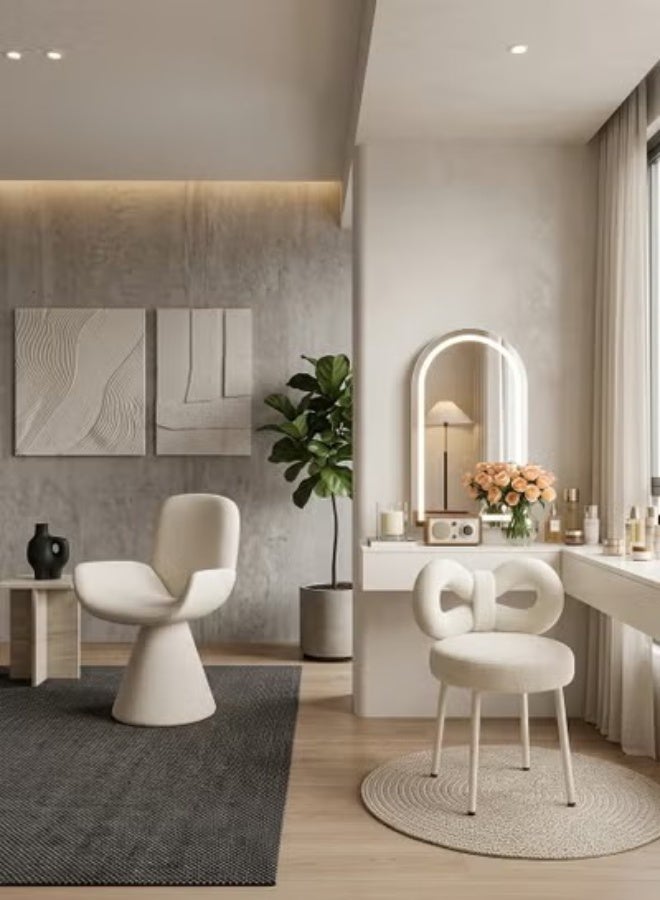 C&C Home Modern Avant-Garde Sculptural Vanity Chair Set - Matte Off-White Geometric Pedestal Armchair and Plush Bouclé Bow-Tie Accent Stool - Image 1