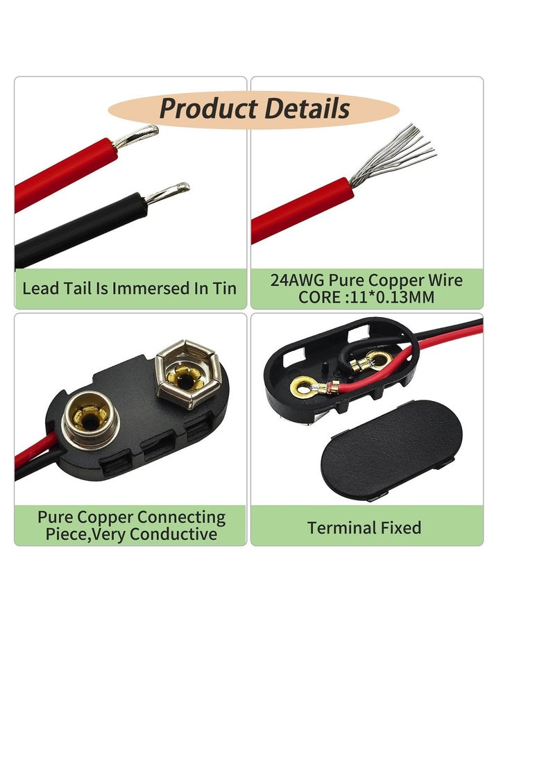 سونسر 20 قطعة موصل بطارية 9 فولت موصل بطارية 9 فولت من النوع T والنوع I-مشبك بطارية 9 فولت 9 فولت توصيل كابل طويل ناعم الغلاف، أسود - Image 4