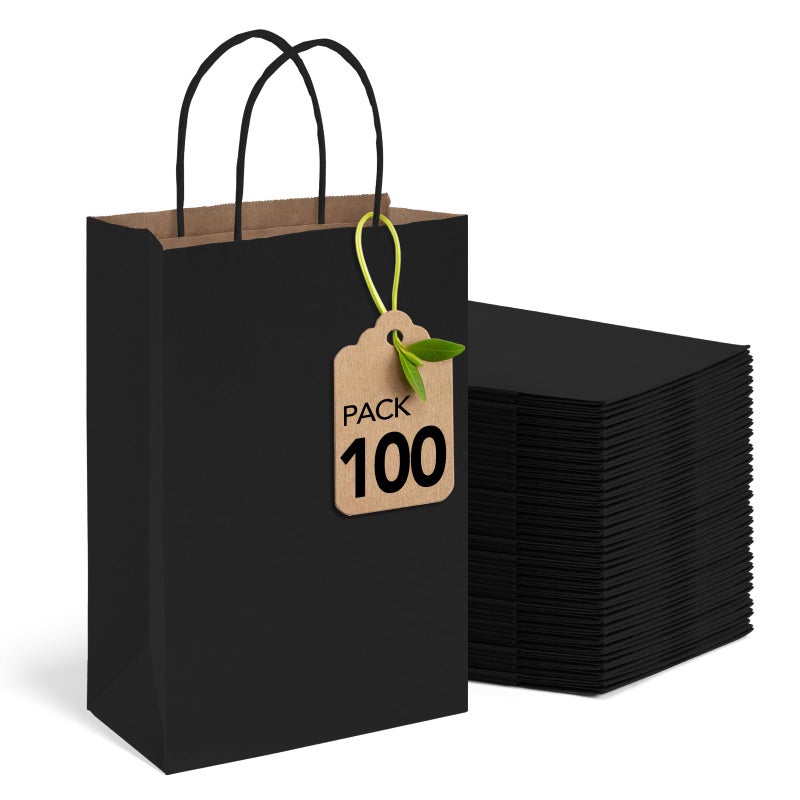 MESHA Black Gift Bags 525x375x8 Inch Small Kraft Paper Bags with Handles Bulk100 Pack for Small BusinessWedding Party Favor