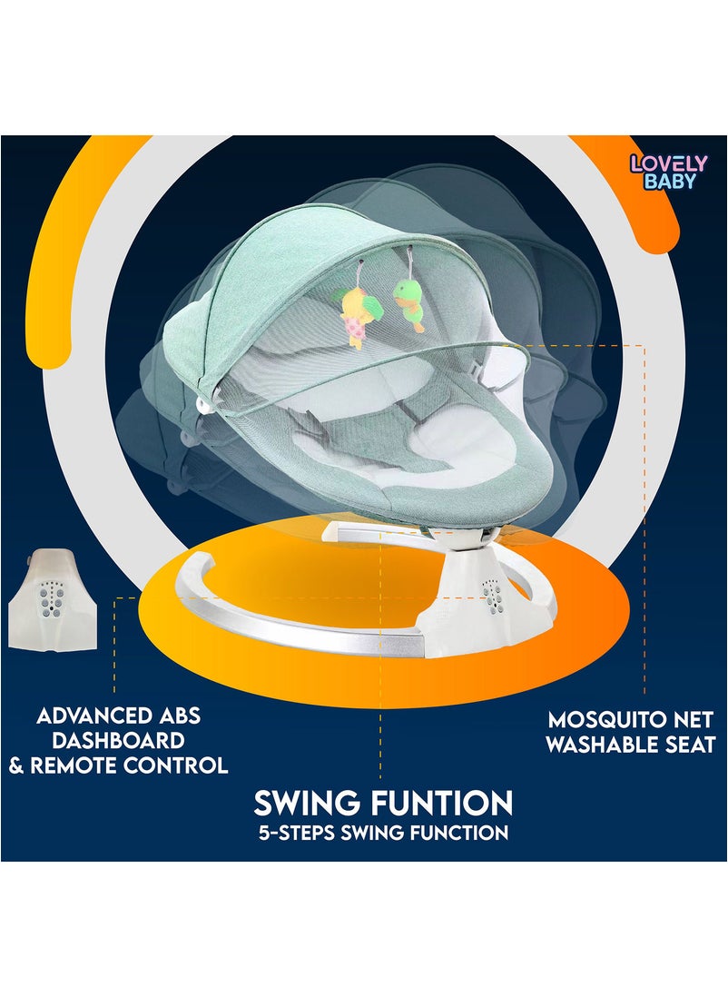 Lovely Baby Lovely Baby Kids Rocker LB 88605 مع وظيفة التأرجح - ألعاب معلقة - موسيقى - مظلة - وجهاز تحكم عن بعد - مقعد أرجوحة آمن لحديثي الولادة - كرسي هزاز للرضع الصغار من عمر 6 إلى 18 شهرًا - أخضر  - Image 4