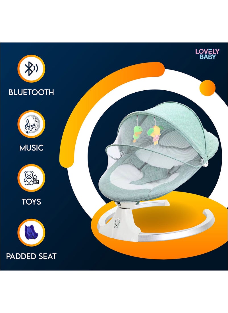 Lovely Baby Lovely Baby Kids Rocker LB 88605 مع وظيفة التأرجح - ألعاب معلقة - موسيقى - مظلة - وجهاز تحكم عن بعد - مقعد أرجوحة آمن لحديثي الولادة - كرسي هزاز للرضع الصغار من عمر 6 إلى 18 شهرًا - أخضر  - Image 2