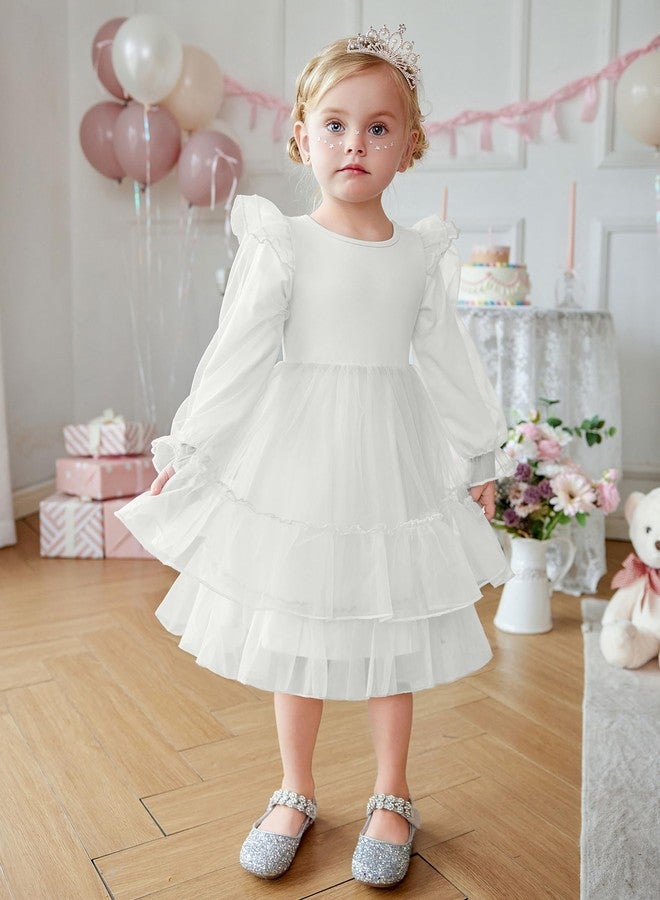 Arshiner فستان توتو أبيض خريفي من أرشينر لفتاة صغيرة لحفلات المسابقات فستان تول بأكمام طويلة لعمر 4-5 سنوات - Image 2