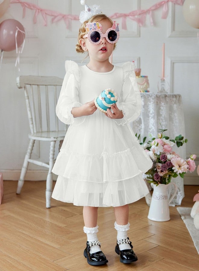 Arshiner فستان توتو أبيض خريفي من أرشينر لفتاة صغيرة لحفلات المسابقات فستان تول بأكمام طويلة لعمر 4-5 سنوات - Image 3