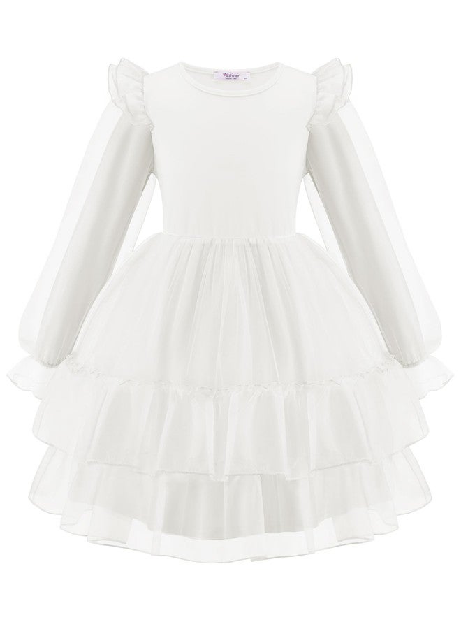 Arshiner فستان توتو أبيض خريفي من أرشينر لفتاة صغيرة لحفلات المسابقات فستان تول بأكمام طويلة لعمر 4-5 سنوات - Image 1