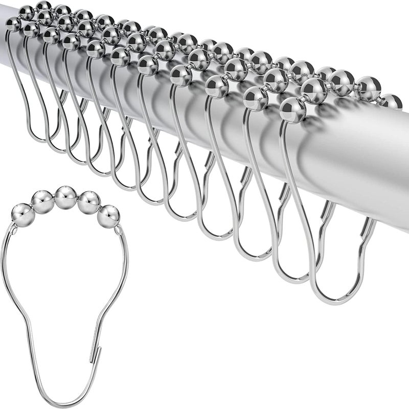 BHAGVAT BHAGVAT Bathroom Curtain Hooks - Stainless Steel Hook for Curtains - Rust-Resistant Metal Double Hooks Curtain Rings - Rolling Shower Curtain Hooks for Bathroom Shower Curtain Rods(Set of 12)  - Image 1