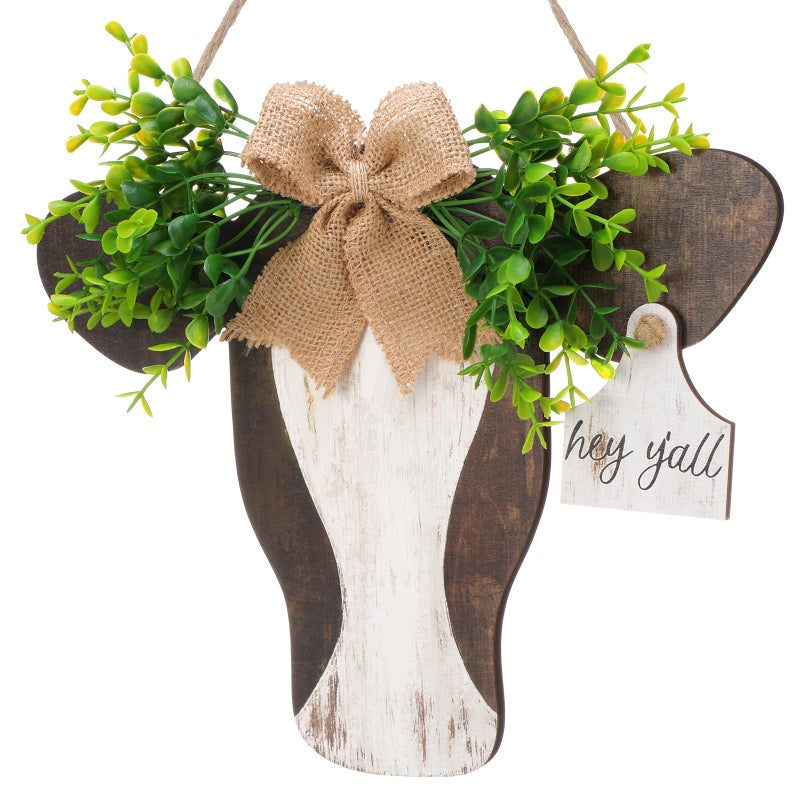 Lineshading Cow Head Door Sign Wooden Cow Welcome Hanger with Bow and Leaves Retro Farmhouse Hanging Hanger for Front Door Porch Indoor Outdoor Home Decor - Image 1