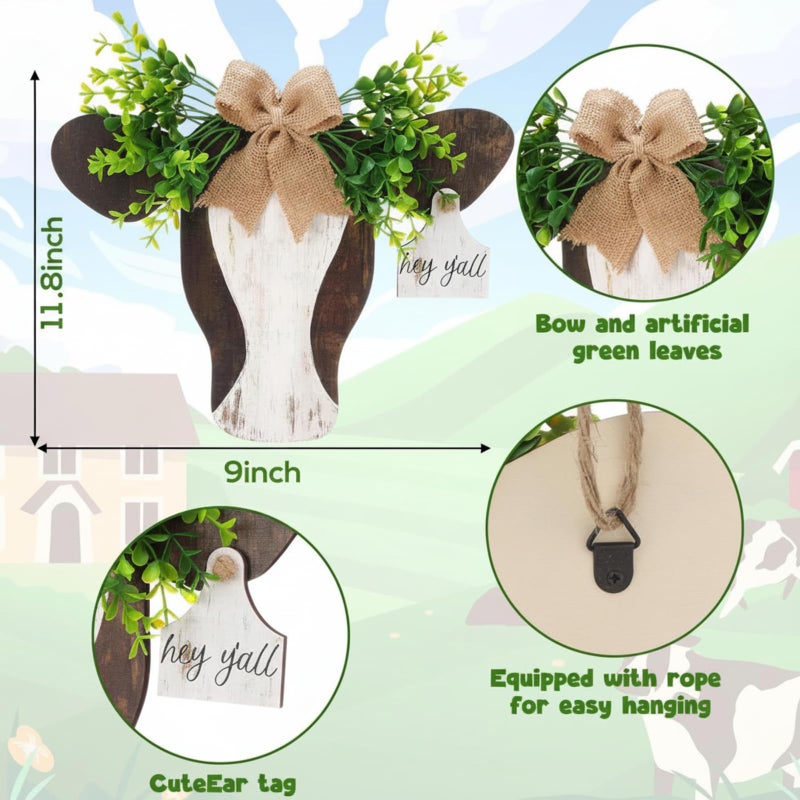 Lineshading Cow Head Door Sign Wooden Cow Welcome Hanger with Bow and Leaves Retro Farmhouse Hanging Hanger for Front Door Porch Indoor Outdoor Home Decor - Image 2