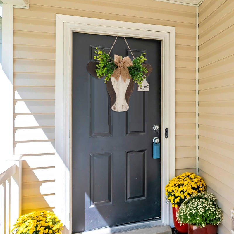Lineshading Cow Head Door Sign Wooden Cow Welcome Hanger with Bow and Leaves Retro Farmhouse Hanging Hanger for Front Door Porch Indoor Outdoor Home Decor - Image 4