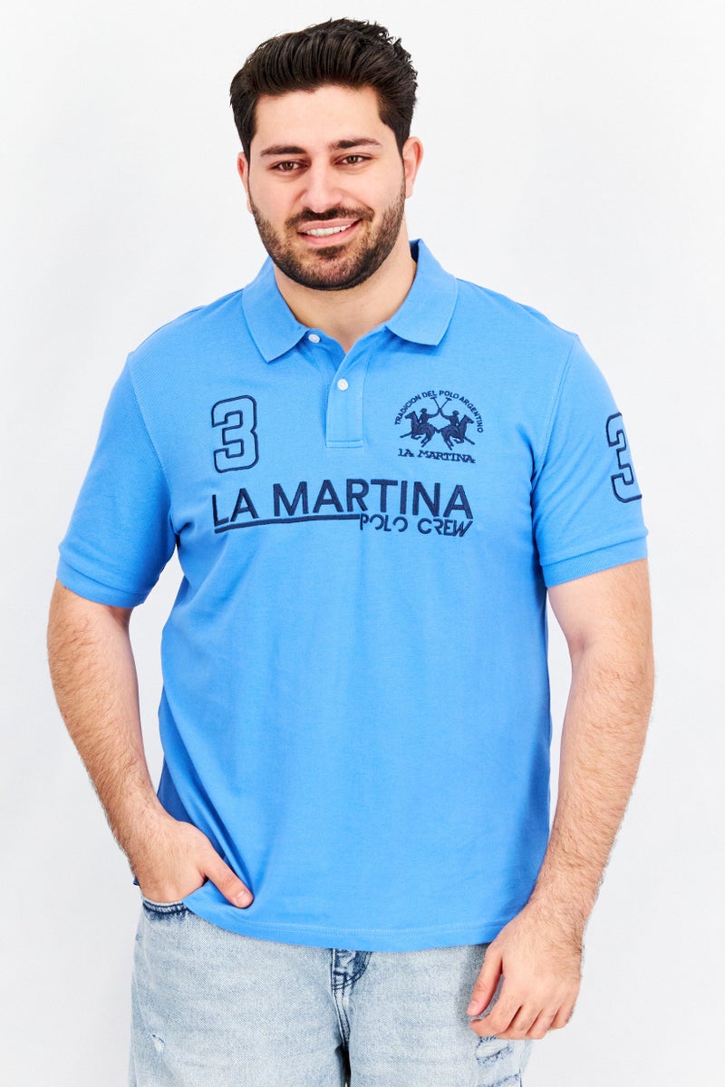 La Martina Men Regular Fit Embroidered Logo Short Sleeves Pique Polo Shirt, Azure Blue - Image 1