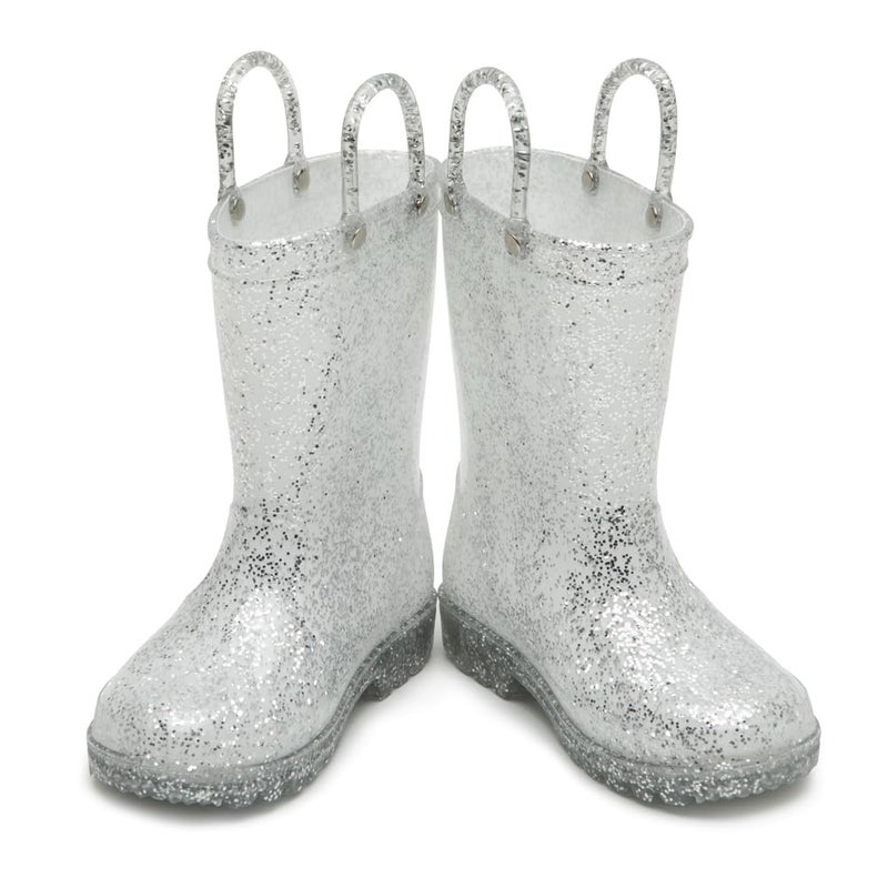 HugRain Toddler Girls Rain Boots Little Kids Baby child Glitter Cute Waterproof Rubber Shoes Outdoor Mud Lightweight Adorable with Easy-On Handles Non Slip Sole Silver Size 8 - Image 4