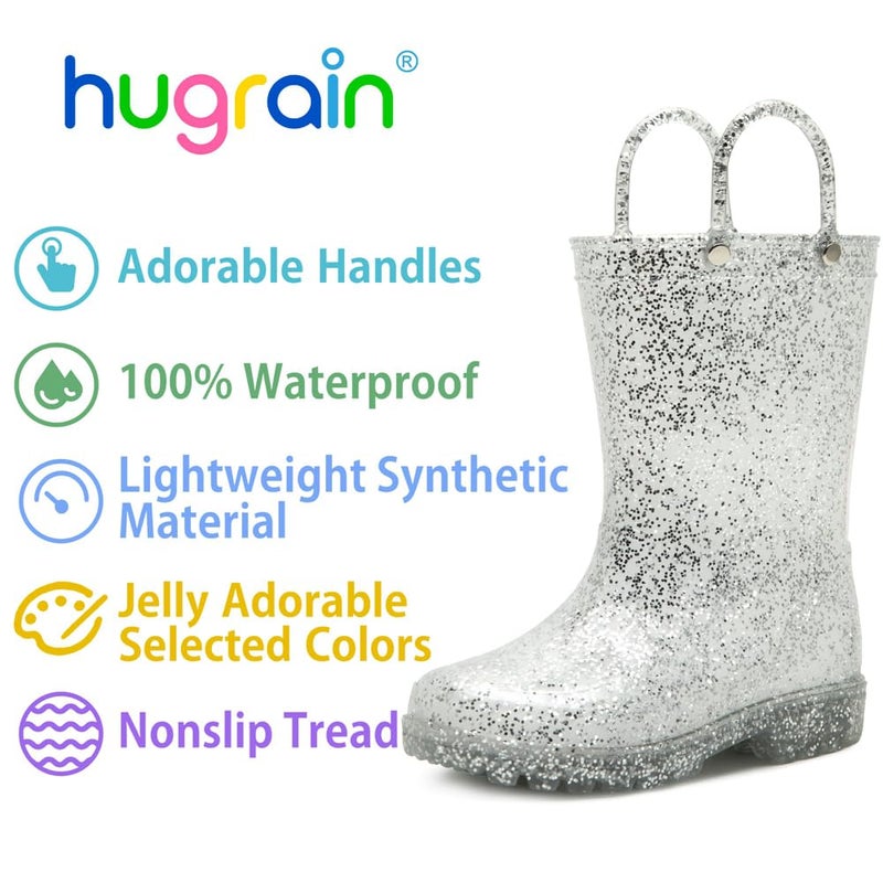 HugRain Toddler Girls Rain Boots Little Kids Baby child Glitter Cute Waterproof Rubber Shoes Outdoor Mud Lightweight Adorable with Easy-On Handles Non Slip Sole Silver Size 8 - Image 3