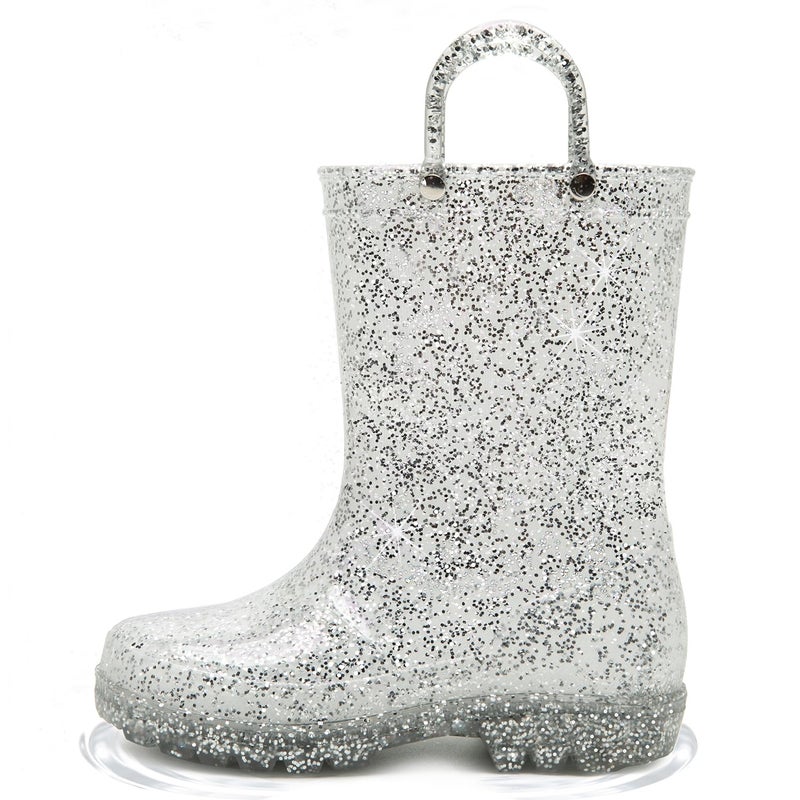 HugRain Toddler Girls Rain Boots Little Kids Baby child Glitter Cute Waterproof Rubber Shoes Outdoor Mud Lightweight Adorable with Easy-On Handles Non Slip Sole Silver Size 8 - Image 1