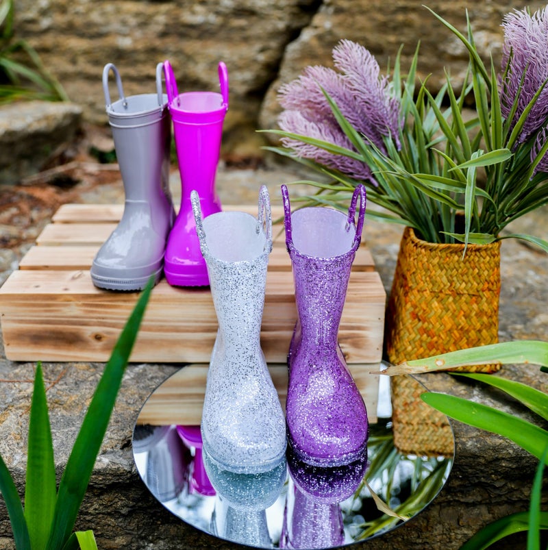 HugRain Toddler Girls Rain Boots Little Kids Baby child Glitter Cute Waterproof Rubber Shoes Outdoor Mud Lightweight Adorable with Easy-On Handles Non Slip Sole Silver Size 8 - Image 2