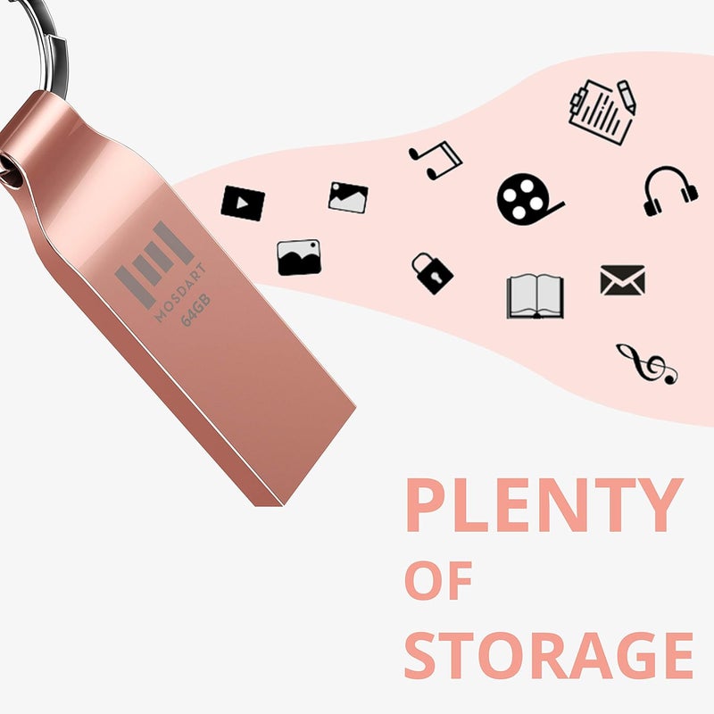 موس دارت محرك أقراص فلاش مقاوم للماء بسعة 64GB USB2.0، بتنسيق exFAT، عصا ذاكرة معدنية مع سلسلة مفاتيح، للنسخ الاحتياطي للنظام وتخزين البيانات، وردي ذهبي - Image 5