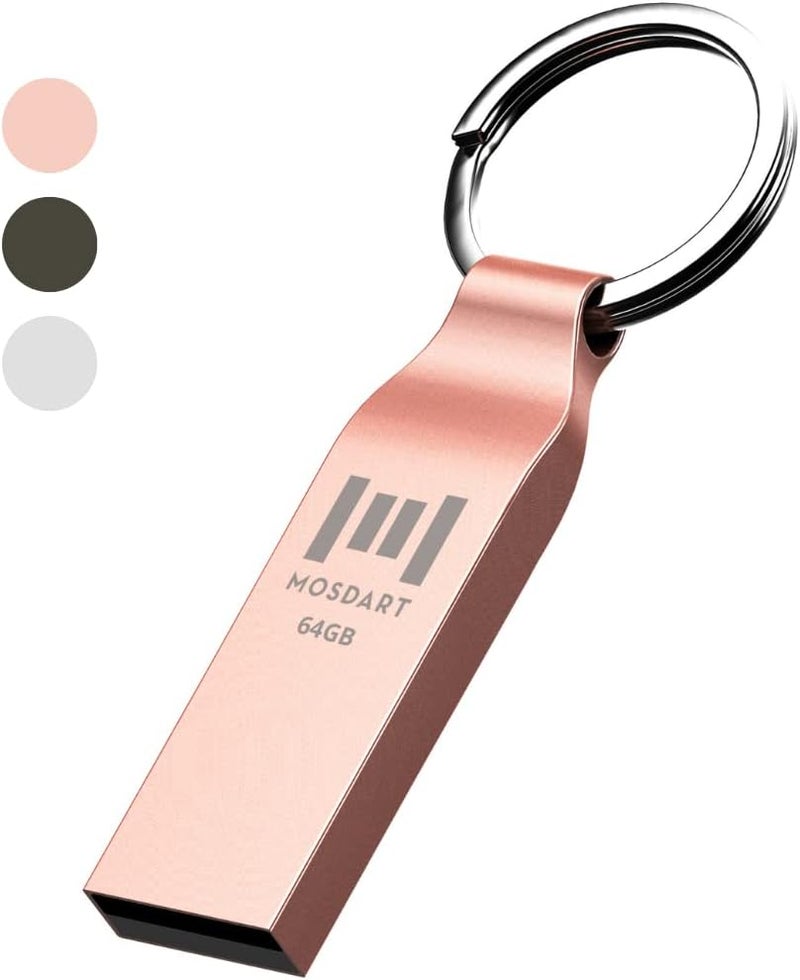موس دارت محرك أقراص فلاش مقاوم للماء بسعة 64GB USB2.0، بتنسيق exFAT، عصا ذاكرة معدنية مع سلسلة مفاتيح، للنسخ الاحتياطي للنظام وتخزين البيانات، وردي ذهبي - Image 1