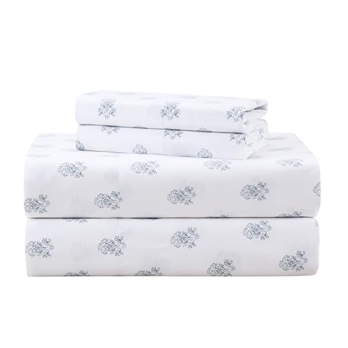 Comfort Spaces 100 Cotton Sheets Queen Breathable Naturally Cool Cotton Sheets Soft Cotton Bed Sheets with 14 Elastic Pocket Fits up to 16 Mattress All Seasons Sheet Set Floral Blue 4 Piece - Image 1