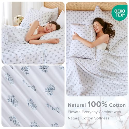 Comfort Spaces 100 Cotton Sheets Queen Breathable Naturally Cool Cotton Sheets Soft Cotton Bed Sheets with 14 Elastic Pocket Fits up to 16 Mattress All Seasons Sheet Set Floral Blue 4 Piece - Image 3