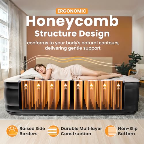 Dr. air Queen Air Mattress with Built-in Pump, 18" Raised Blow Up Mattress, 800 lbs Max Honeycomb Air Bed, 48Hr Leak-Proof Test, 3min Inflatable Mattress for Home, Guests, Camping, Colchones inflables - Image 3