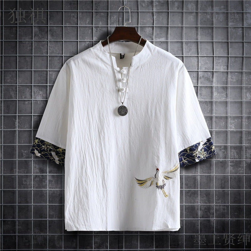 Shake the sound supply explosions a generation of Chinese wind cotton and linen crane short sleeve casual summer cotton and linen thin T-shirt men - Image 2