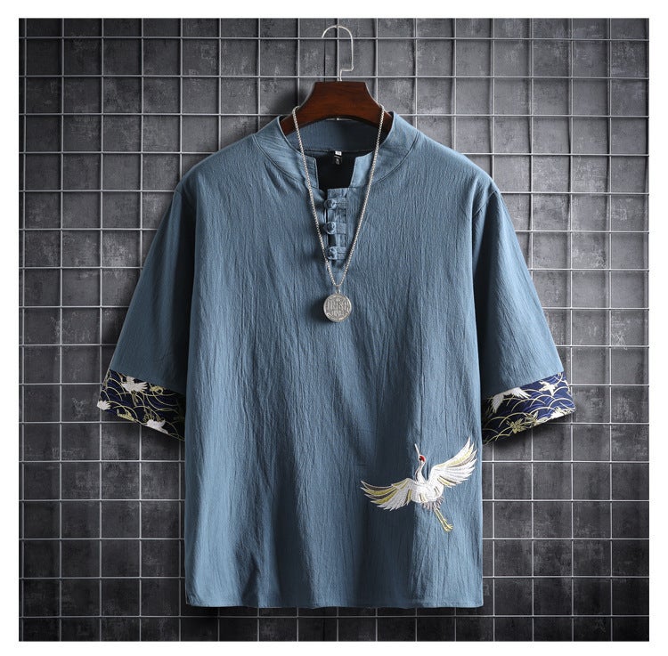 Shake the sound supply explosions a generation of Chinese wind cotton and linen crane short sleeve casual summer cotton and linen thin T-shirt men - Image 4