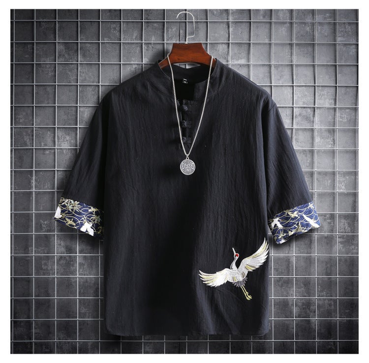 Shake the sound supply explosions a generation of Chinese wind cotton and linen crane short sleeve casual summer cotton and linen thin T-shirt men - Image 3
