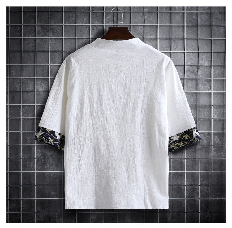 Shake the sound supply explosions a generation of Chinese wind cotton and linen crane short sleeve casual summer cotton and linen thin T-shirt men - Image 5