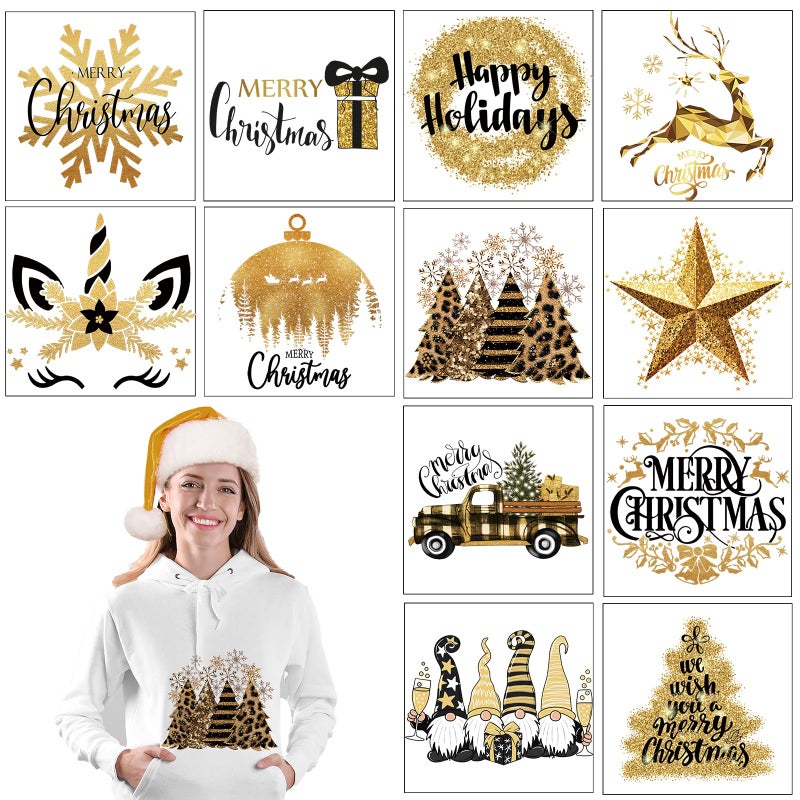 Fumete 12 Sheets Christmas Iron on Transfers for T Shirts Gold Buffalo Santa Claus Elk Heat Transfer Stickers Appliques Holiday HTV Vinyl Heat Transfer Set for Clothes Patch DIY Crafts Bag - Image 3