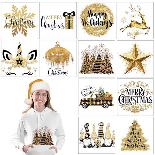 Fumete 12 Sheets Christmas Iron on Transfers for T Shirts Gold Buffalo Santa Claus Elk Heat Transfer Stickers Appliques Holiday HTV Vinyl Heat Transfer Set for Clothes Patch DIY Crafts Bag - Image 1