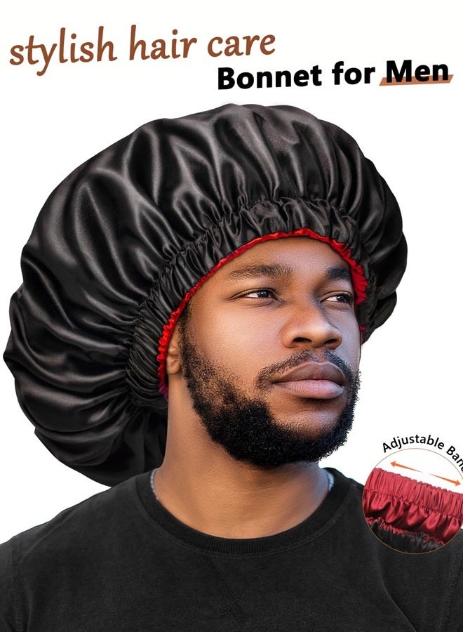 mikimini Black Satin Bonnet for Sleeping Pack of 2, Curly Hair Silk Sleep Cap for Women and Men Reversible Double Layer Bonnets X-Large Sleeping Cap Soft Stretchy Night Cap for Hair Care (Black+Red) - Image 2