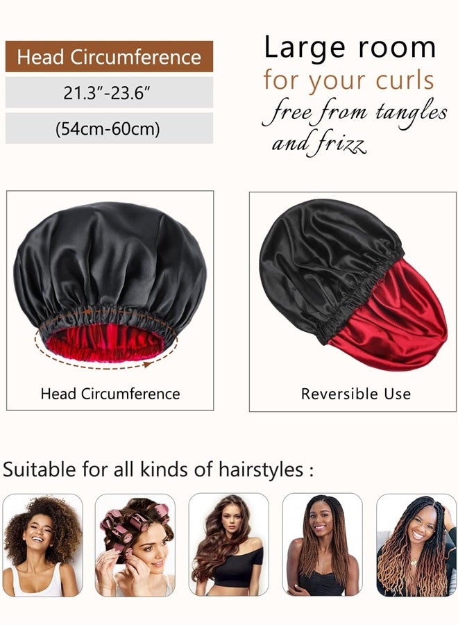 mikimini Black Satin Bonnet for Sleeping Pack of 2, Curly Hair Silk Sleep Cap for Women and Men Reversible Double Layer Bonnets X-Large Sleeping Cap Soft Stretchy Night Cap for Hair Care (Black+Red) - Image 3