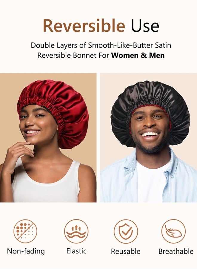 mikimini Black Satin Bonnet for Sleeping Pack of 2, Curly Hair Silk Sleep Cap for Women and Men Reversible Double Layer Bonnets X-Large Sleeping Cap Soft Stretchy Night Cap for Hair Care (Black+Red) - Image 1