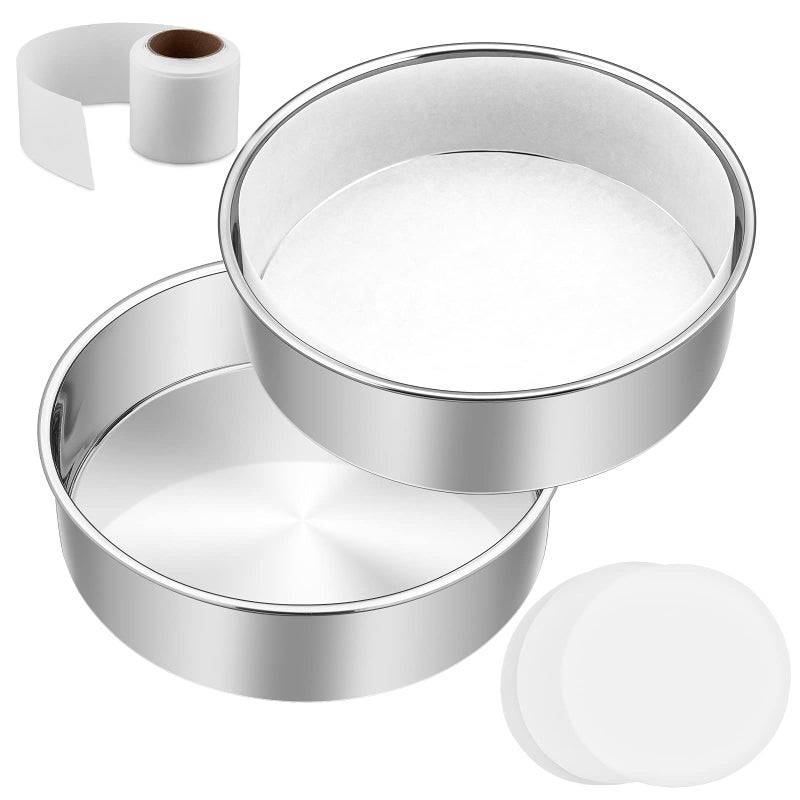 6 Inch Cake Pan Set of 2 EFar Stainless Steel Round Layer Smash Cake Baking Pans with Parchment Rounds  Side Liner Roll NonToxic  Healthy Metal Cakes Tin Straight Side  Dishwasher Safe