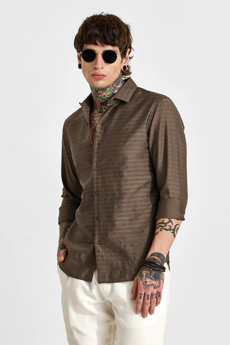 SNITCH Dark Brown Textured Long Sleeve Slim Fit Casual Shirt