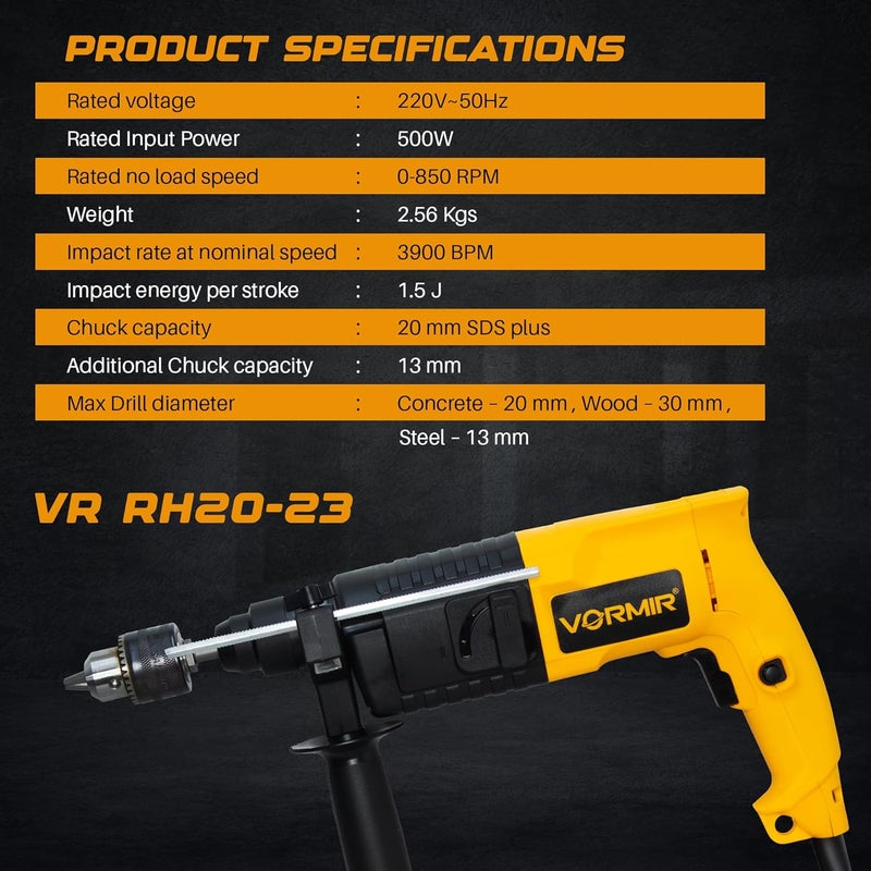 iBELL VORMIR Rotary Hammer Drill VR RH20-23, 500W, Copper Armature, 850RPM, Speed 3900/min, SDS Plus Chuck 20mm, 1.5J with Accessories - Image 4