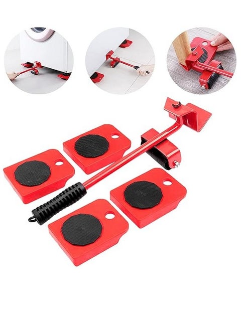 A set of furniture moving tools consisting of a lever and wheels that provide ease of moving heavy objects, red, with thick swivel wheels and an anti-slip handle, for handling heavy objects or furnitu
