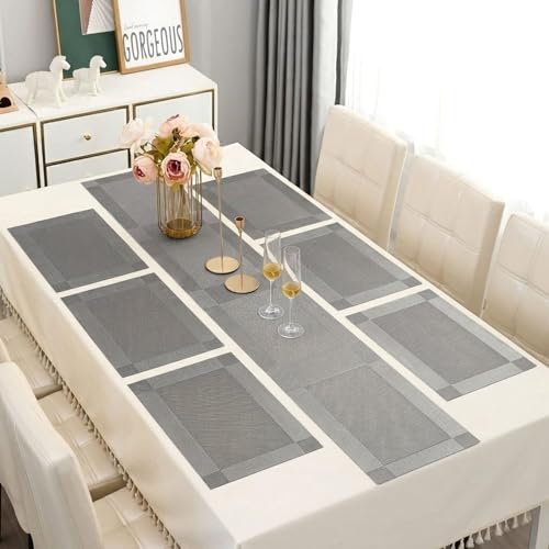 Ramkuwar Modern Dining Table Runner & Placemat Heat-Resistant Non-Slip Washable PVC Dining Mats for Kitchen Parties Dinners & Home Decor (Set of 6 - Silver) - Image 2