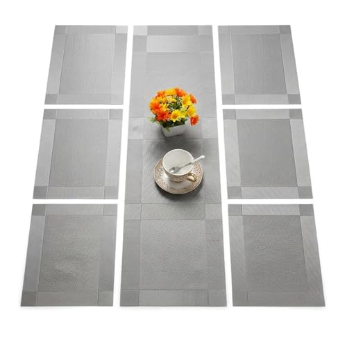 Ramkuwar Modern Dining Table Runner & Placemat Heat-Resistant Non-Slip Washable PVC Dining Mats for Kitchen Parties Dinners & Home Decor (Set of 6 - Silver) - Image 1